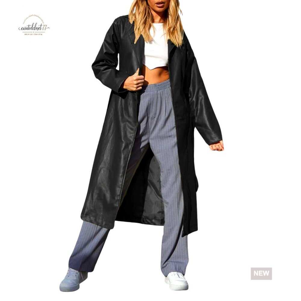 Faux Leather Trench Coat Elegant Casual Open Front Long Belted Chic